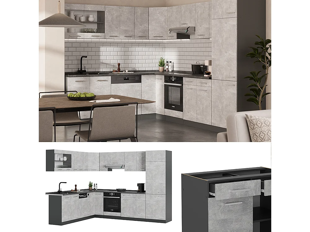 Cuisine en angle béton/anthracite 287x60x81.6 r-line