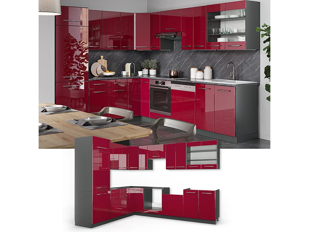Cuisine en angle bordeaux haute brillance/anthracite 287x60x81.6 fame-line