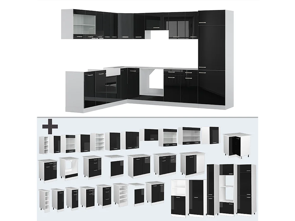 Kuchnia narożna czarny wysoki połysk/biały 287x46x81.6 r-line