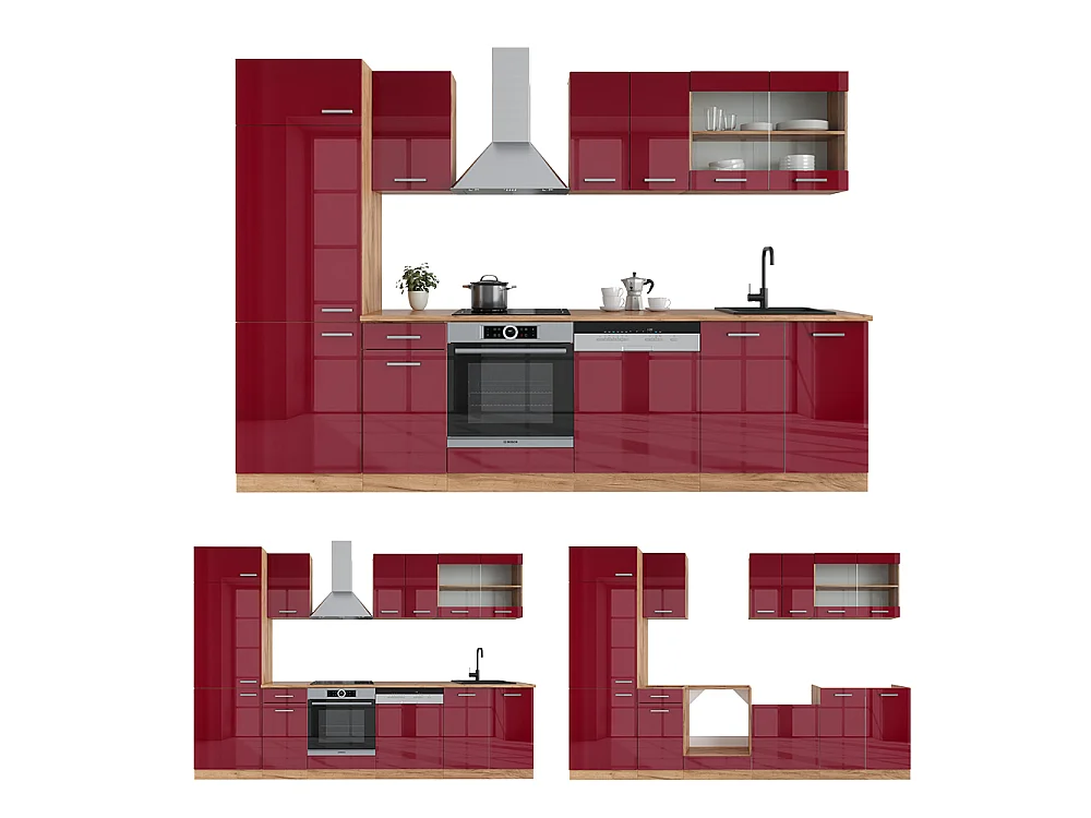 Cuisine rouge brillant/chêne doré 300x60x81.6 r-line