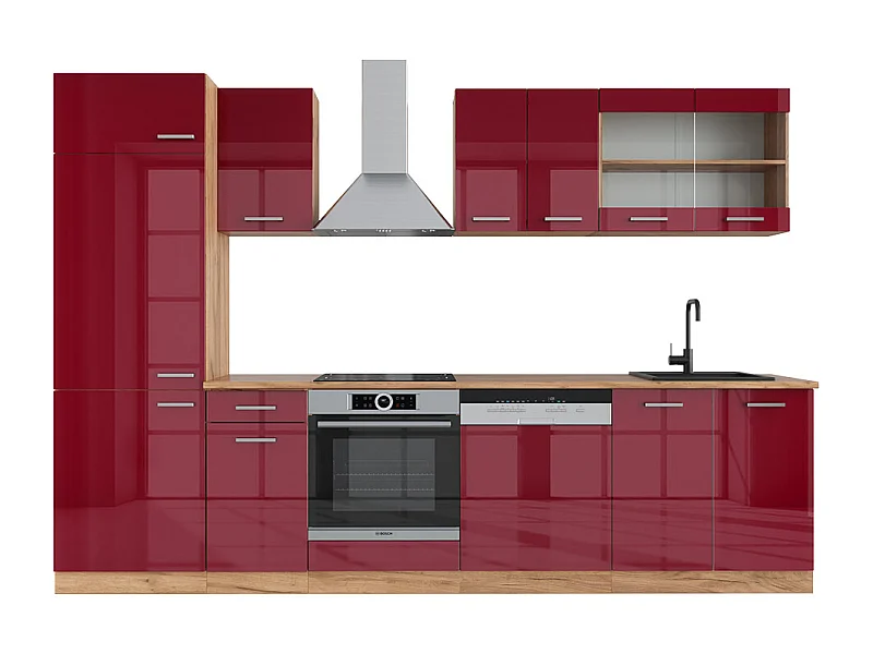 Mueble de cocina rojo brillo intenso/roble dorado 300x60x81.6 r-line