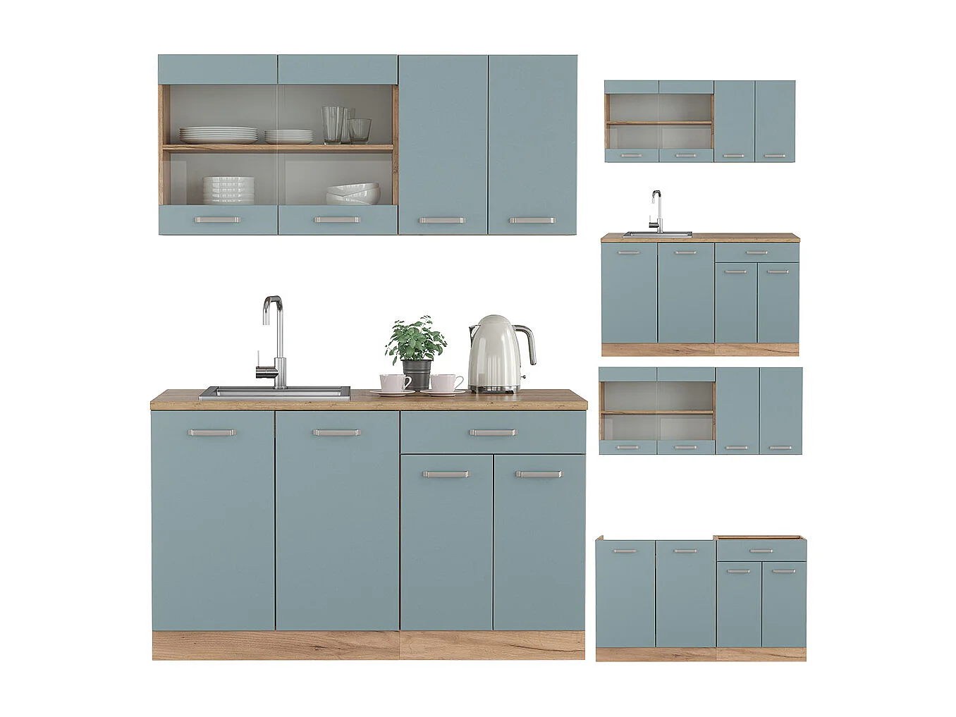 Cuisine bleu-gris/chêne doré 140x60x81.6 r-line