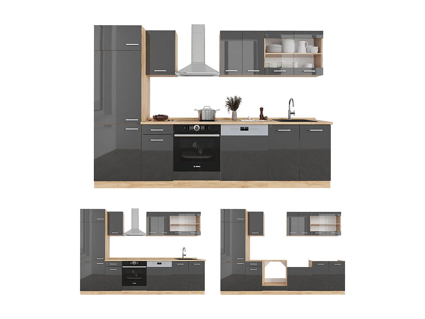 Cuisine anthracite brillant/chêne doré 300x60x81.6 r-line