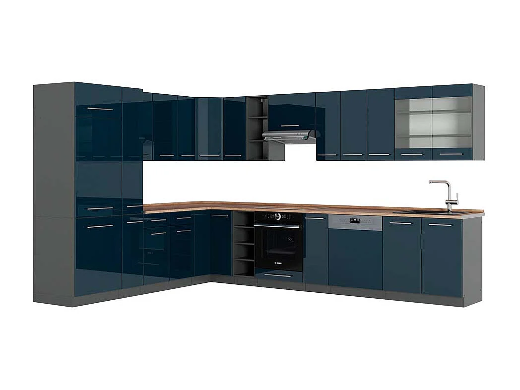 Cuisine en angle bleu foncé brillant/anthracite 347x60x81.6 fame-line