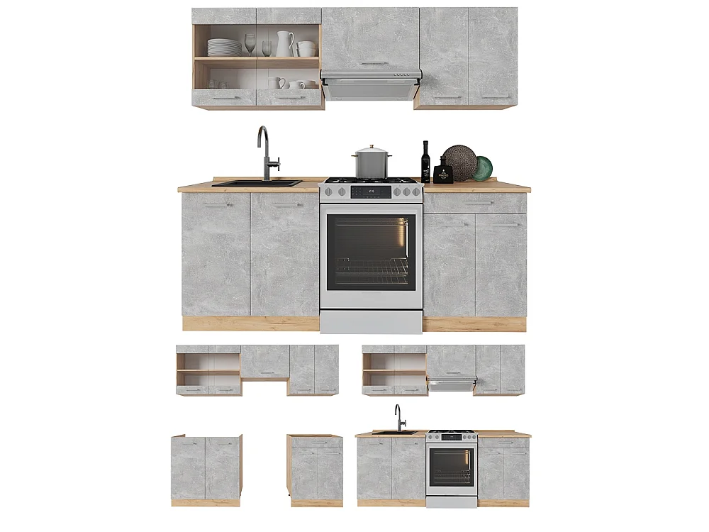Cuisine béton/force dor chêne 200x60x81.6 r-line