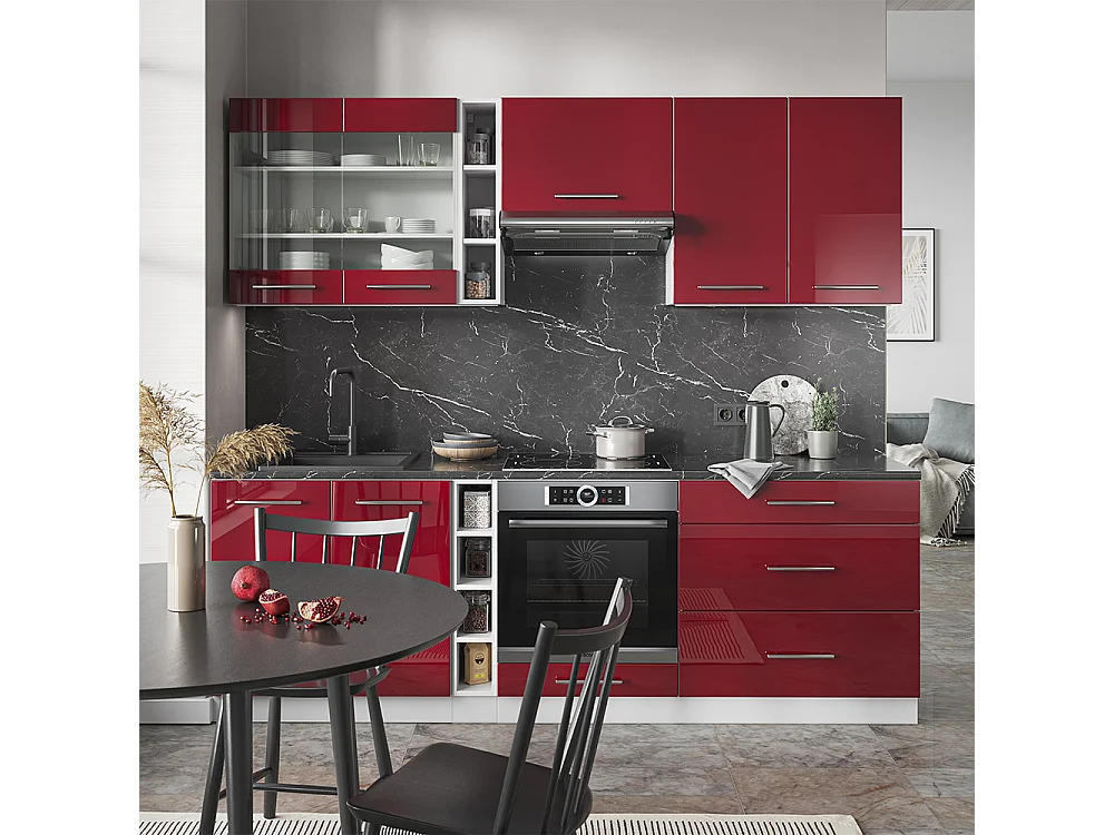 Küchenzeile bordeaux hochglanz/weiß 235x46x81.6 fame-line