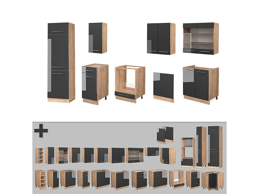 Mueble de cocina antracita brillo intenso/roble dorado eléctrico 300x46x81.6 fame-line