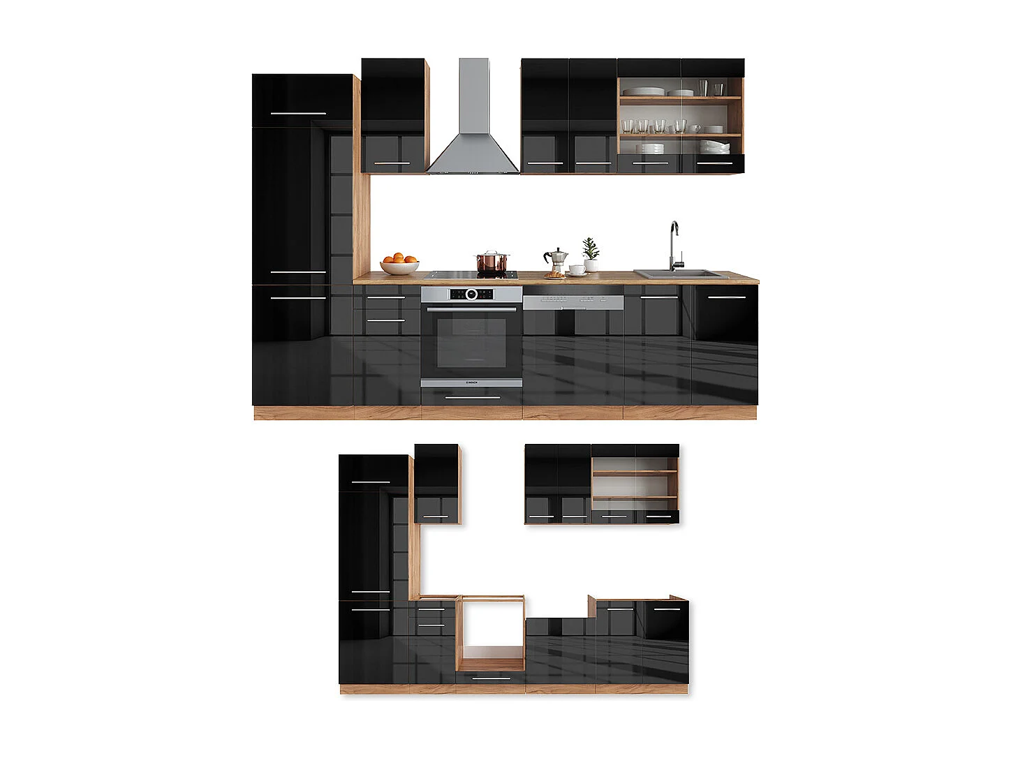 Mueble de cocina antracita brillo intenso/roble dorado eléctrico 300x46x81.6 fame-line