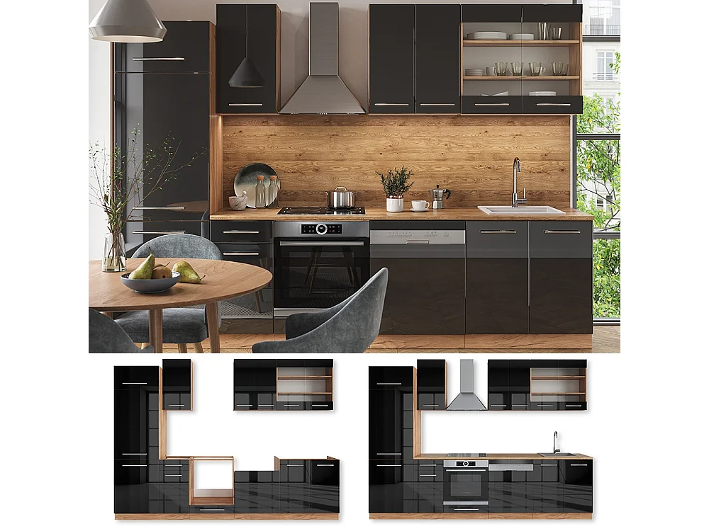 Cuisine anthracite brillant/chêne doré 300x46x81.6 fame-line