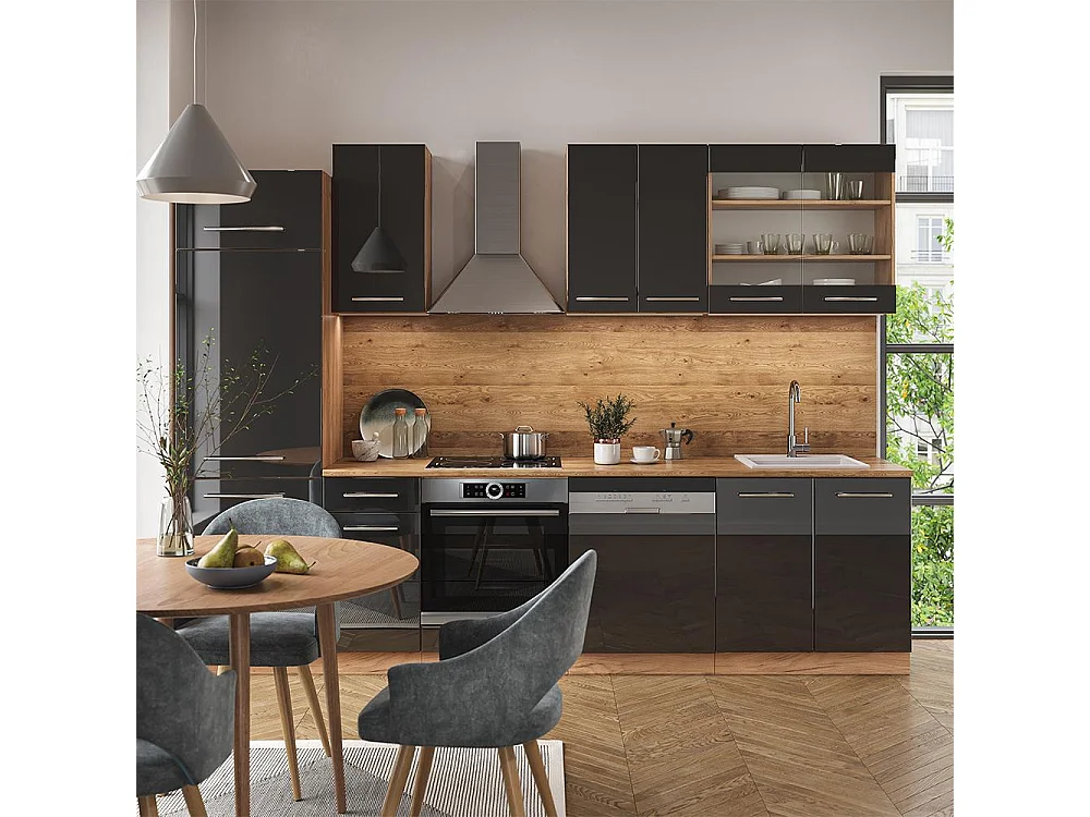 Cuisine anthracite brillant/chêne doré 300x46x81.6 fame-line