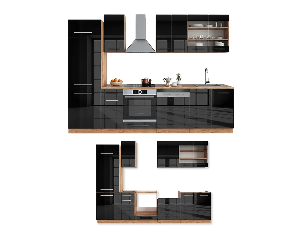 Cuisine anthracite brillant/chêne doré 300x46x81.6 fame-line