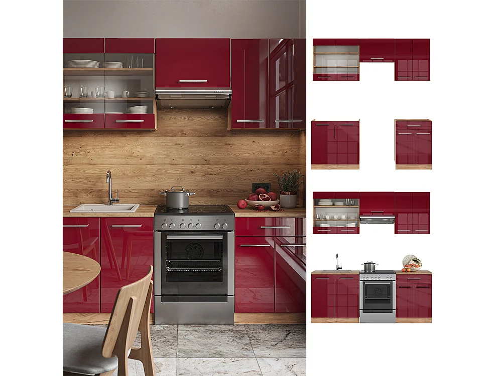 Mueble de cocina burdeos brillo intenso/roble dorado 200x46x81.6 fame-line