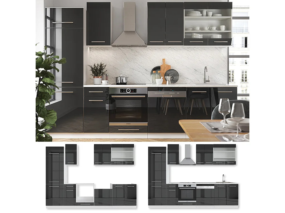 Küchenzeile anthrazit hochglanz/weiß 300x60x81.6 fame-line