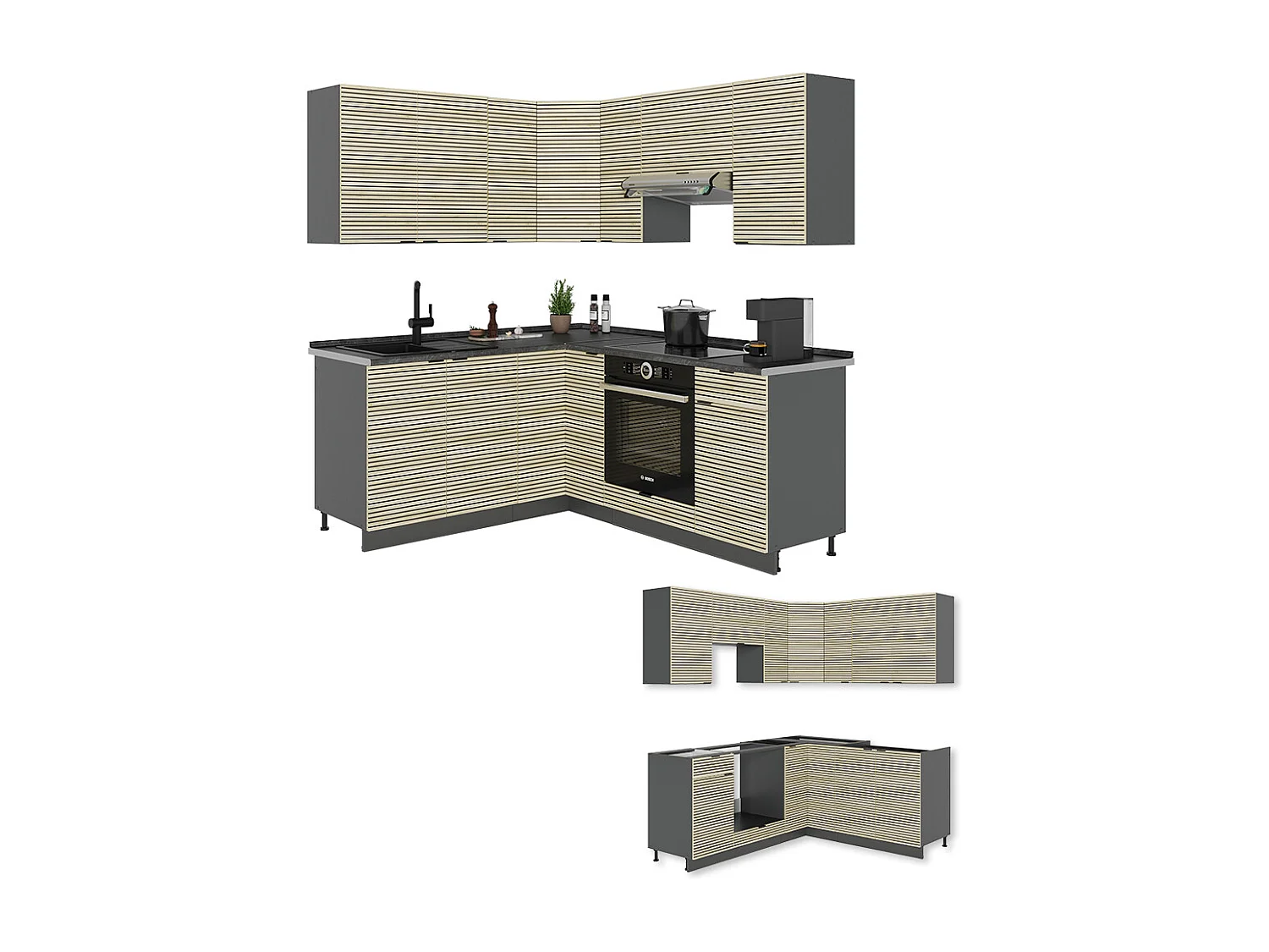Cuisine en angle chêne lambris/anthracite 190x60x81.6 fame-line