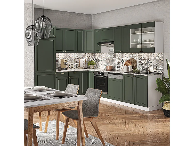 Cocina esquinera verde-dorado casa de campo/blanco 287x46x81.6 fame-line