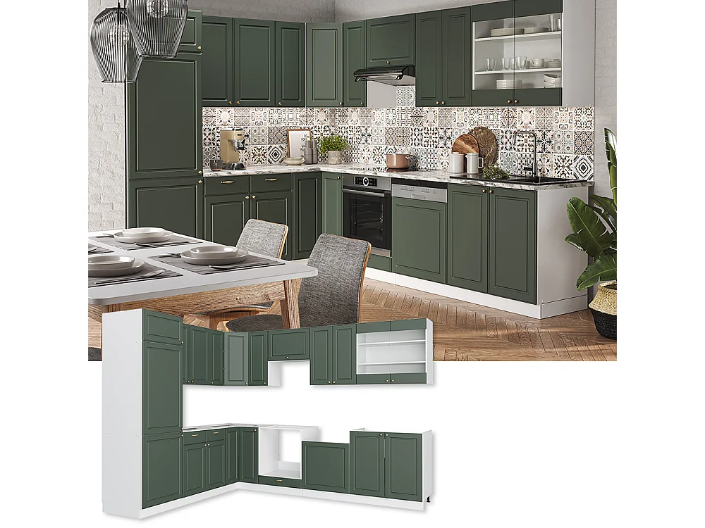 Cuisine en angle vert-or landhaus/blanc 287x46x81.6 fame-line