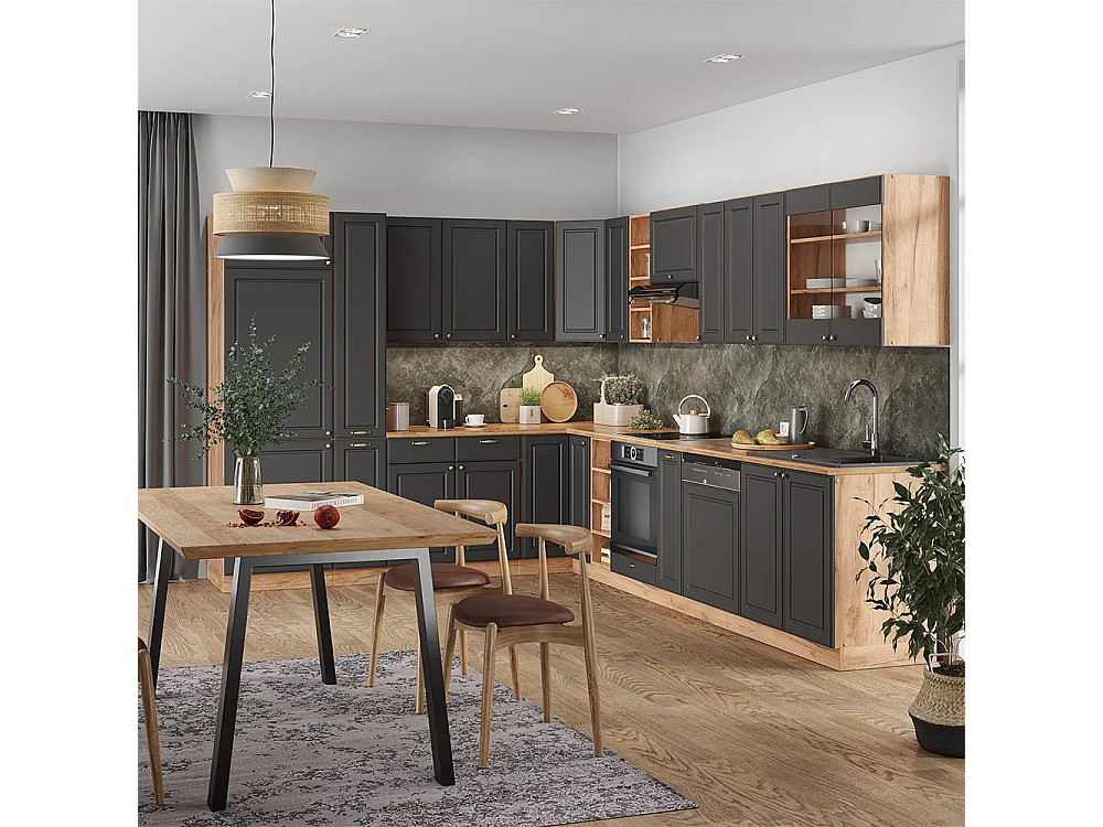 Cuisine en angle anthracite campagne/chêne doré 347x46x81.6 fame-line