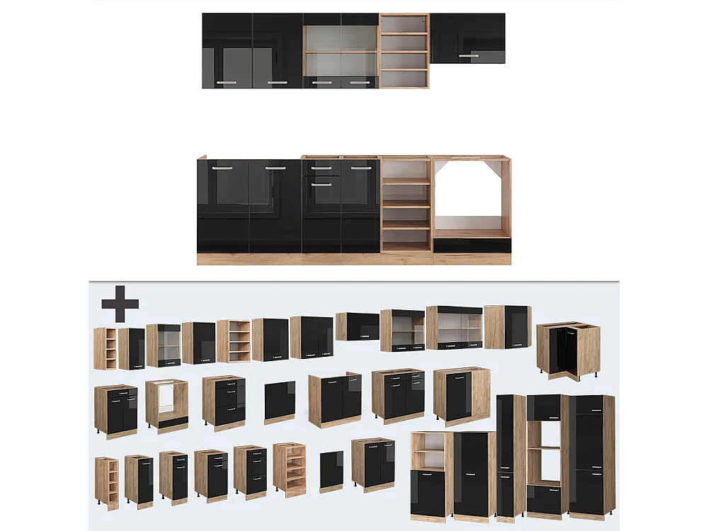 Cucina componibile rovere nero/oro lucido 240x60x81.6 r-line