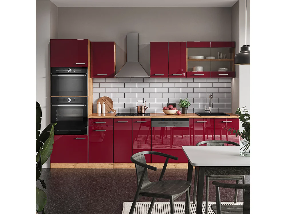 Mueble de cocina rojo brillo intenso/roble dorado 300x46x81.6 r-line