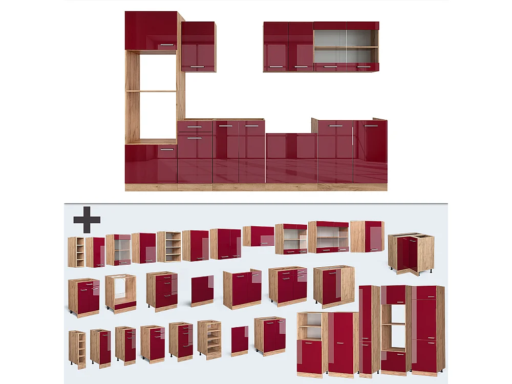 Mueble de cocina rojo brillo intenso/roble dorado 300x46x81.6 r-line