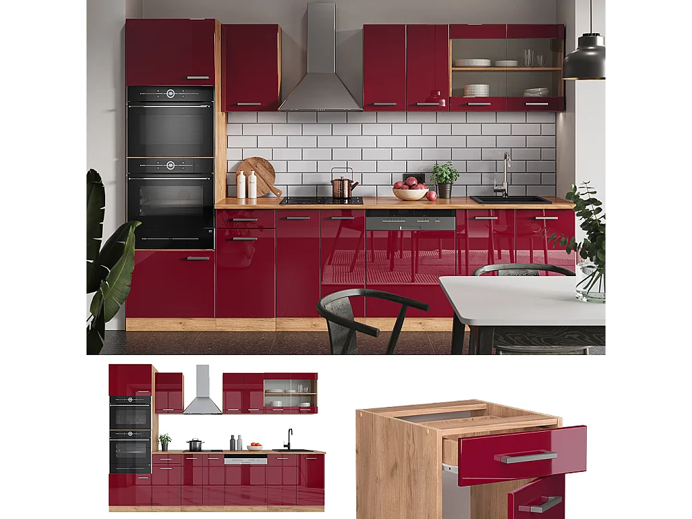 Cuisine rouge brillant/chêne doré 300x46x81.6 r-line