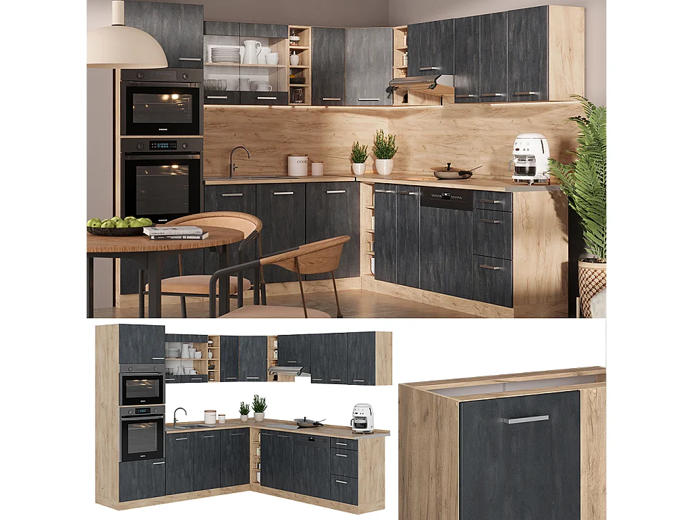 Cocina esquinera hormigón negro/roble dorado 247x46x81.6 r-line