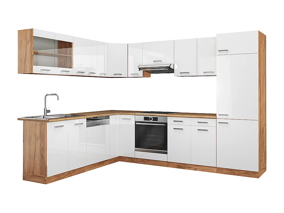 Cucina angolare completa bianco lucido/oro power oak 287x46x81.6 r-line