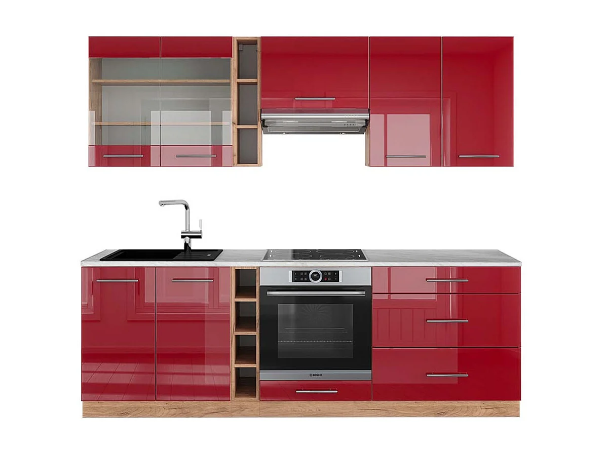 Mueble de cocina burdeos brillo intenso/roble dorado 235x60x81.6 fame-line
