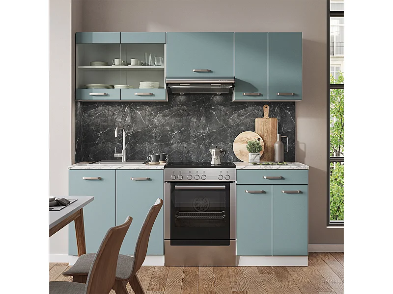 Mueble de cocina azul-gris-blanco 200x46x81.6 r-line