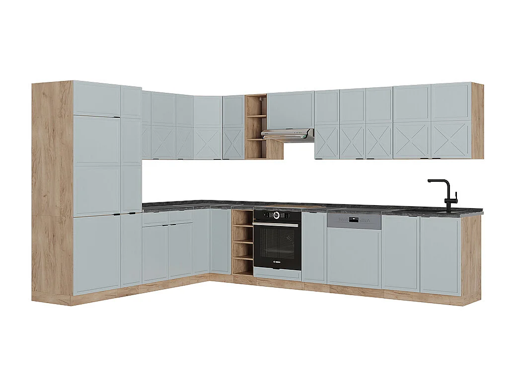 Cuisine en angle bleu clair-gris/chêne force dor 347x60x81.6 fame-line