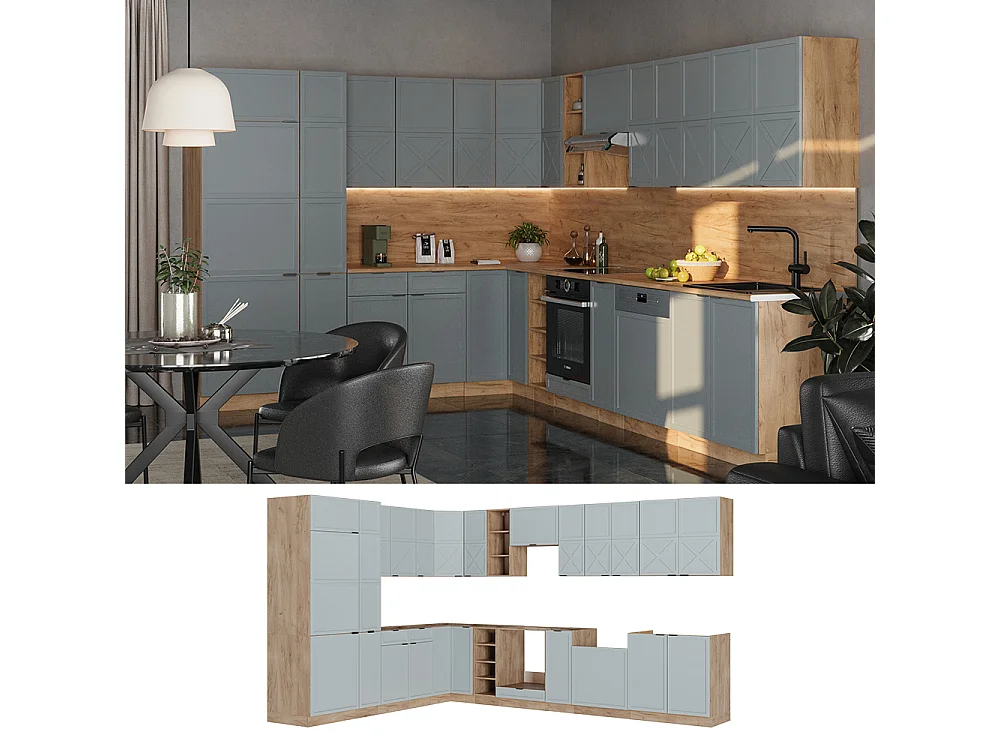 Cuisine en angle bleu clair-gris/chêne force dor 347x60x81.6 fame-line
