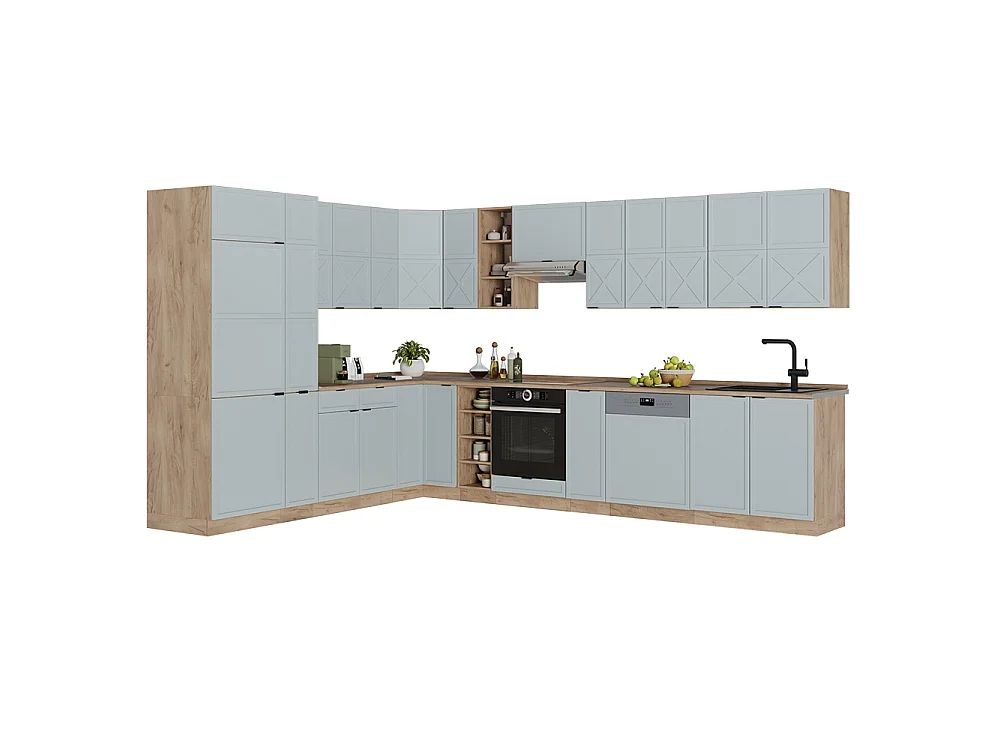 Cocina esquinera azul claro-gris/roble dorado 347x60x81.6 fame-line
