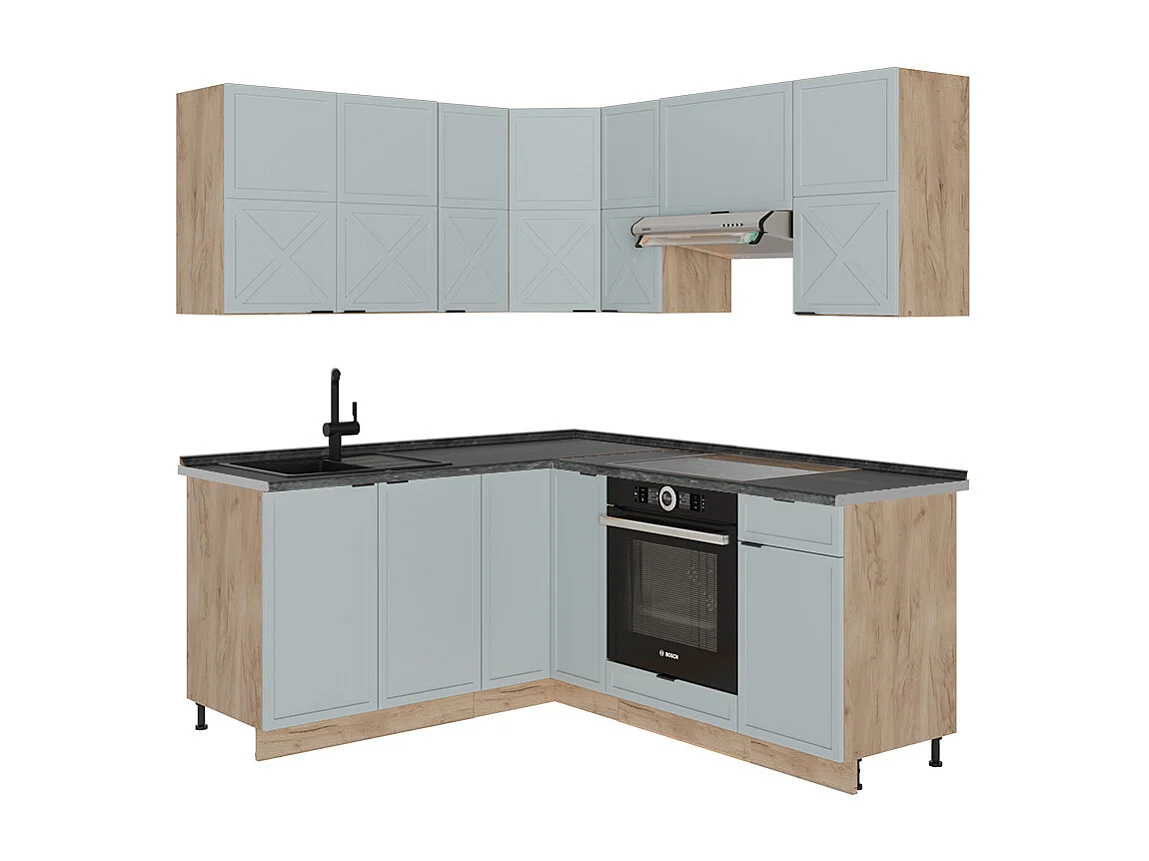 Cuisine en angle bleu clair-gris/chêne force dor 190x60x81.6 fame-line