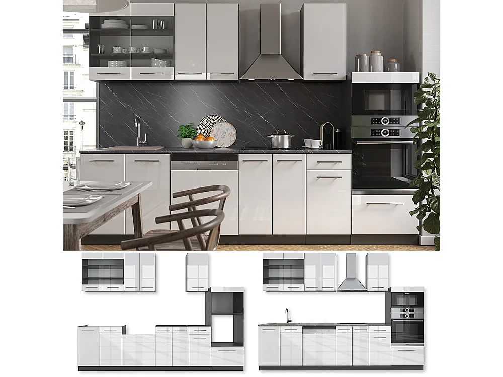 Cuisine blanc brillant/anthracite 300x60x81.6 fame-line