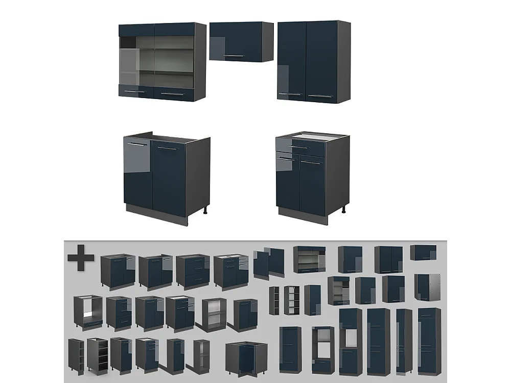 Muebles de cocina  azul oscuro alto brillo/antracita 200x46x81.6 fame-line