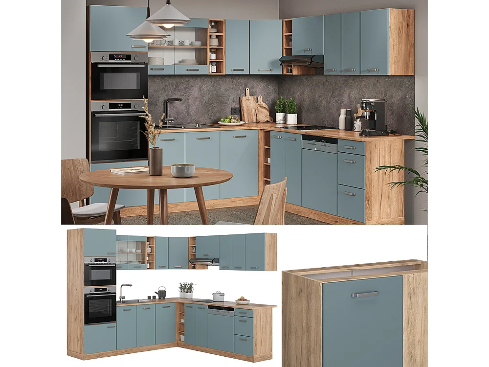 Cuisine en angle bleu-gris/chêne de force doré 247x60x81.6 r-line
