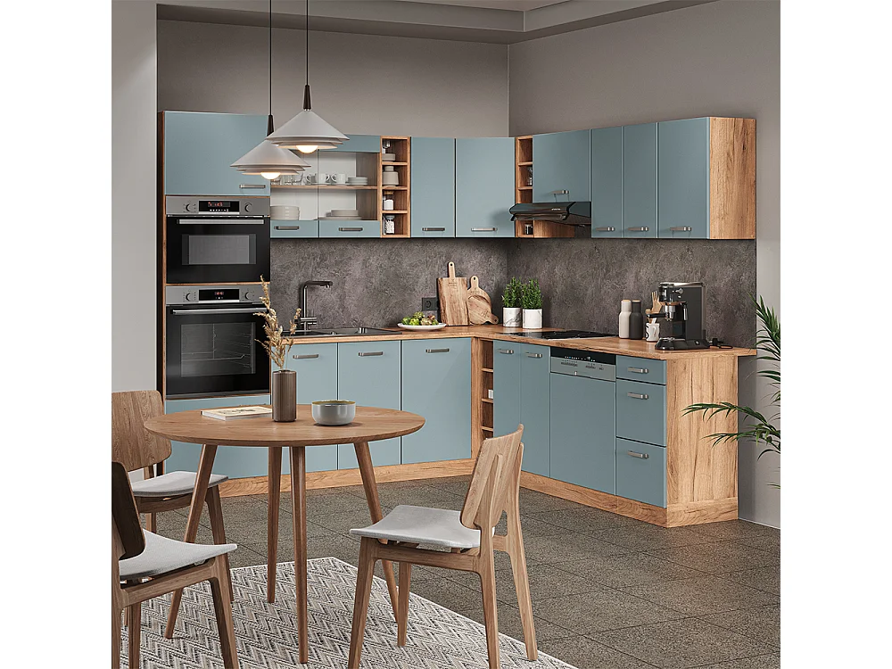 Cuisine en angle bleu-gris/chêne de force doré 247x60x81.6 r-line