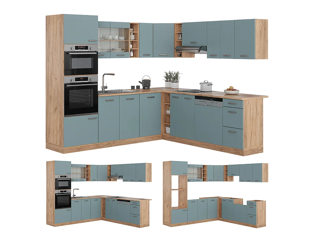Cuisine en angle bleu-gris/chêne de force doré 247x60x81.6 r-line