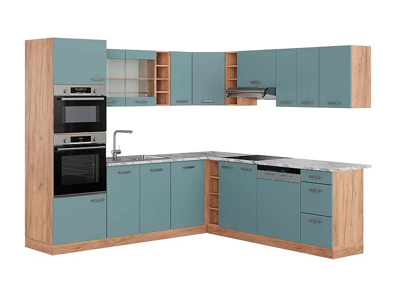 Eckküche blau-grau/goldkraft eiche 247x60x81.6 r-line