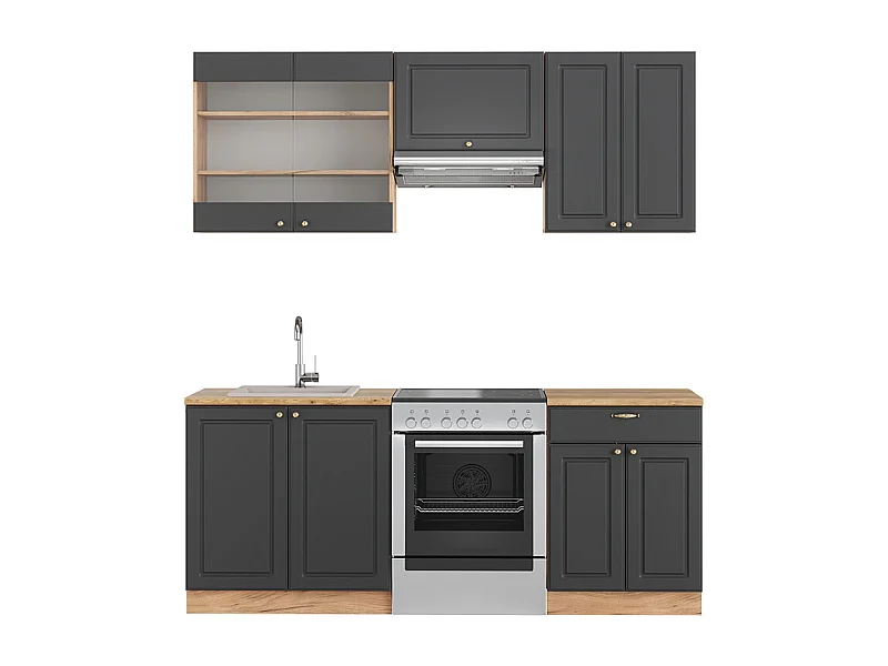 Mueble de cocina antracita casa de campo/roble kraft dorado 200x46x81.6 fame-line