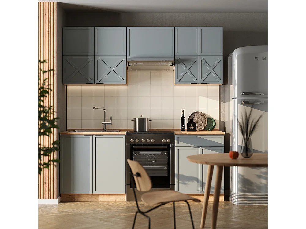 Cuisine bleu clair-gris/chêne force dor 200x60x81.6 fame-line