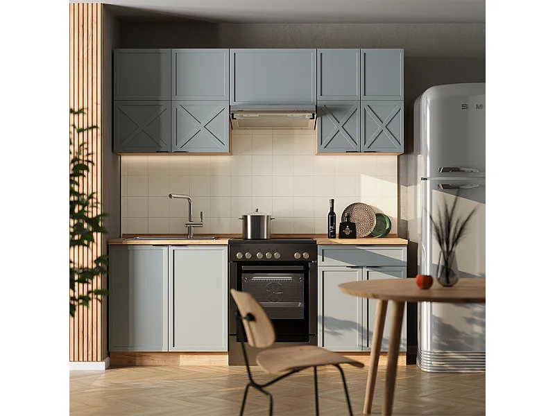 Cuisine bleu clair-gris/chêne force dor 200x60x81.6 fame-line