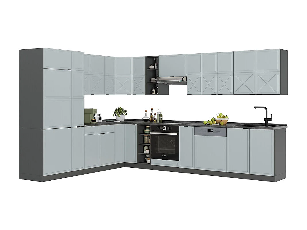 Cucina angolare completa azzurro-grigio/antracite 347x60x81.6 fame-line
