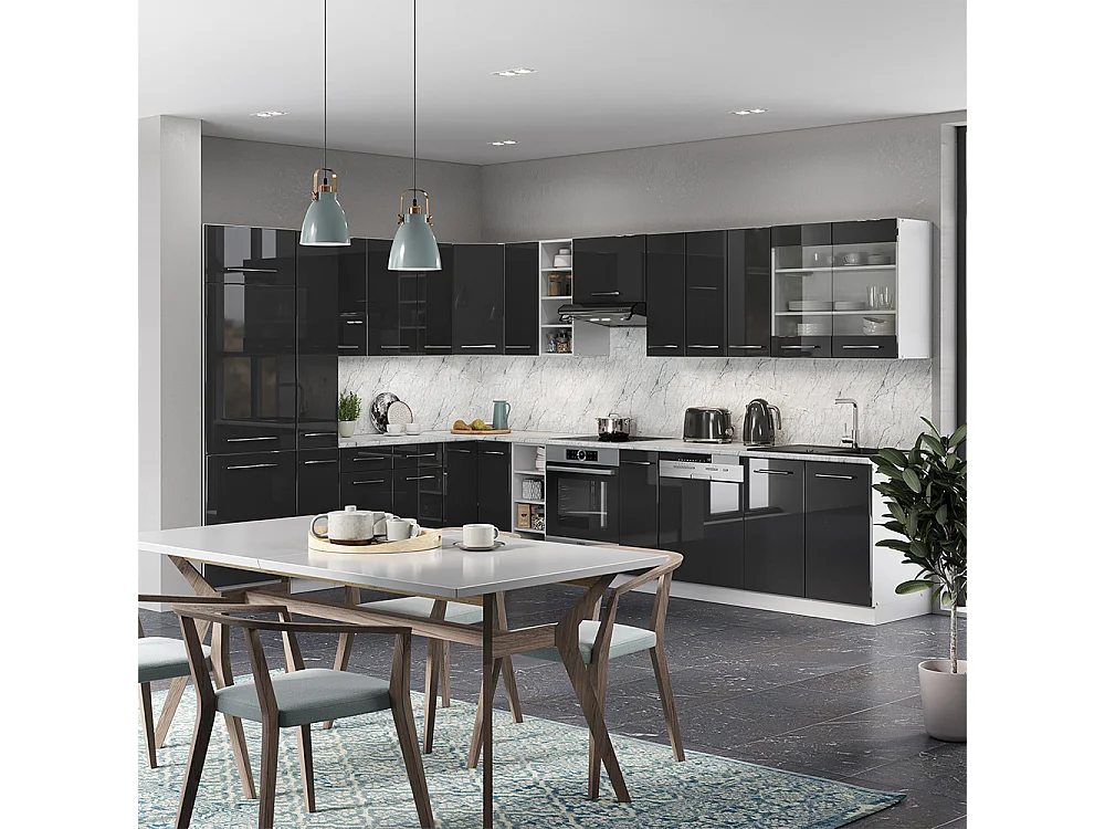 Cocina esquinera antracita brillo intenso/blanco 347x60x81.6 fame-line