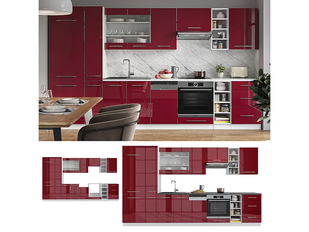 Mueble de cocina burdeos brillo intenso/blanco 355x46x81.6 fame-line