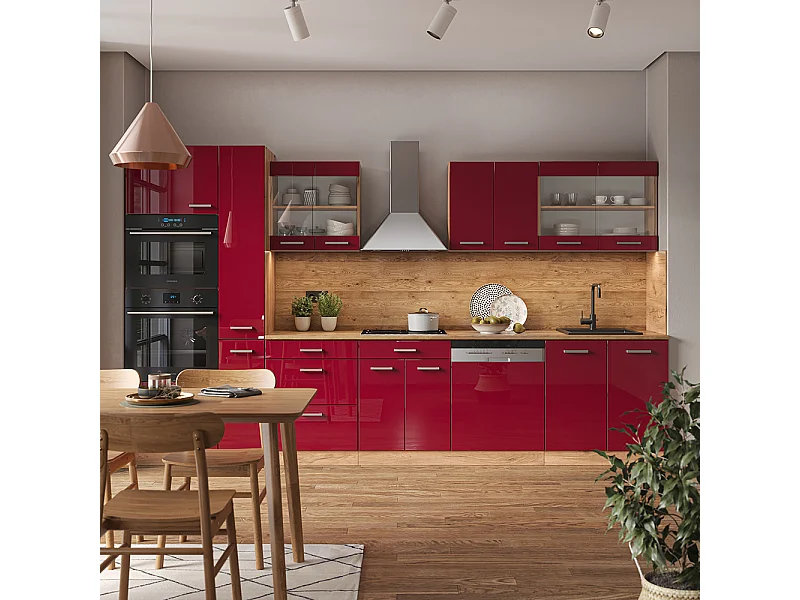 Zabudowa kuchenna czerwony wysoki połysk/złoty dąb 350x60x81.6 r-line