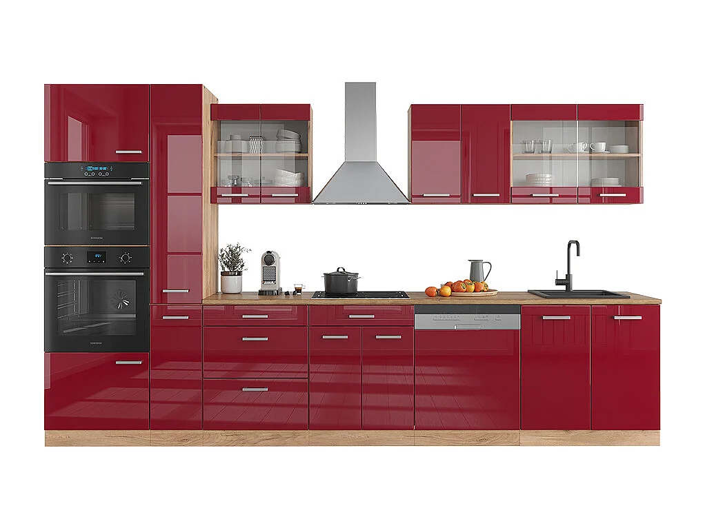 Cuisine rouge brillant/chêne doré 350x60x81.6 r-line
