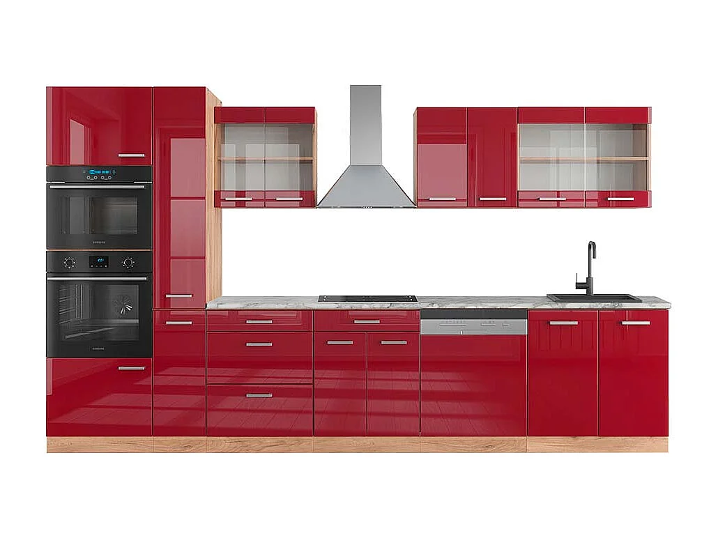 Cuisine rouge brillant/chêne doré 350x60x81.6 r-line