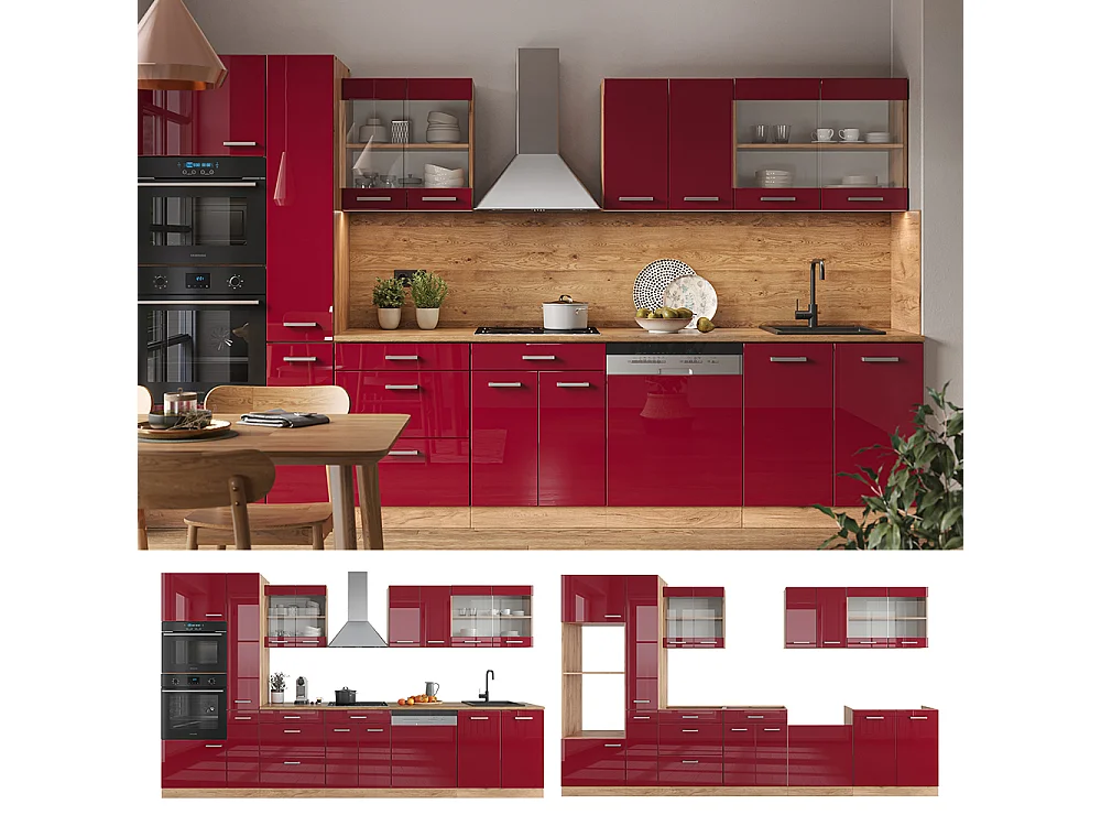 Cuisine rouge brillant/chêne doré 350x60x81.6 r-line