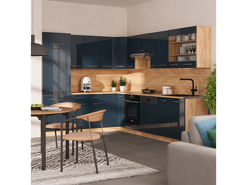 Muebles de cocina  azul oscuro alto brillo/roble dorado 287x46x81.6 fame-line